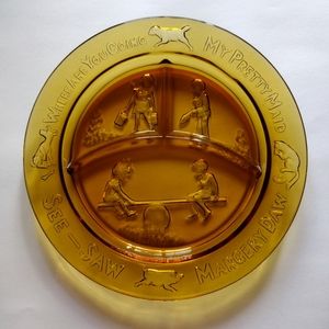 Amber Tiara Indiana Glass Divided Childs Plate Nursery Rhyme Marjorie Daw etc